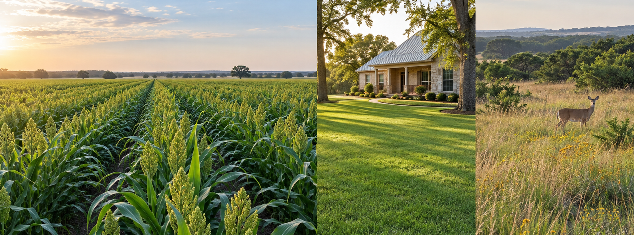 Sorghum field, a Texas home with a green lawn, and a deer in open grassland